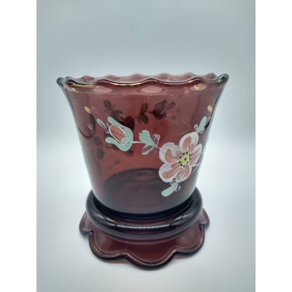 Vintage Amethyst Glass Vase 4” Hand Painted Floral Gold Trim Wear - Picture 10 of 11